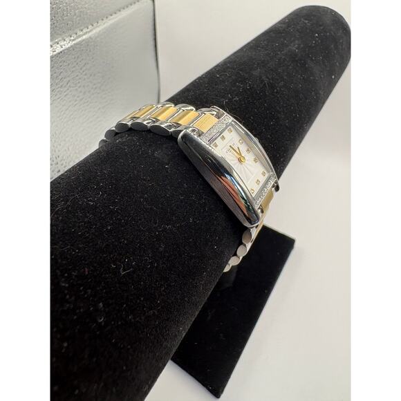 Coach Women Watch Silver Barrel Tank Crystal Side Bezel Two-Tone Bracelet Silver